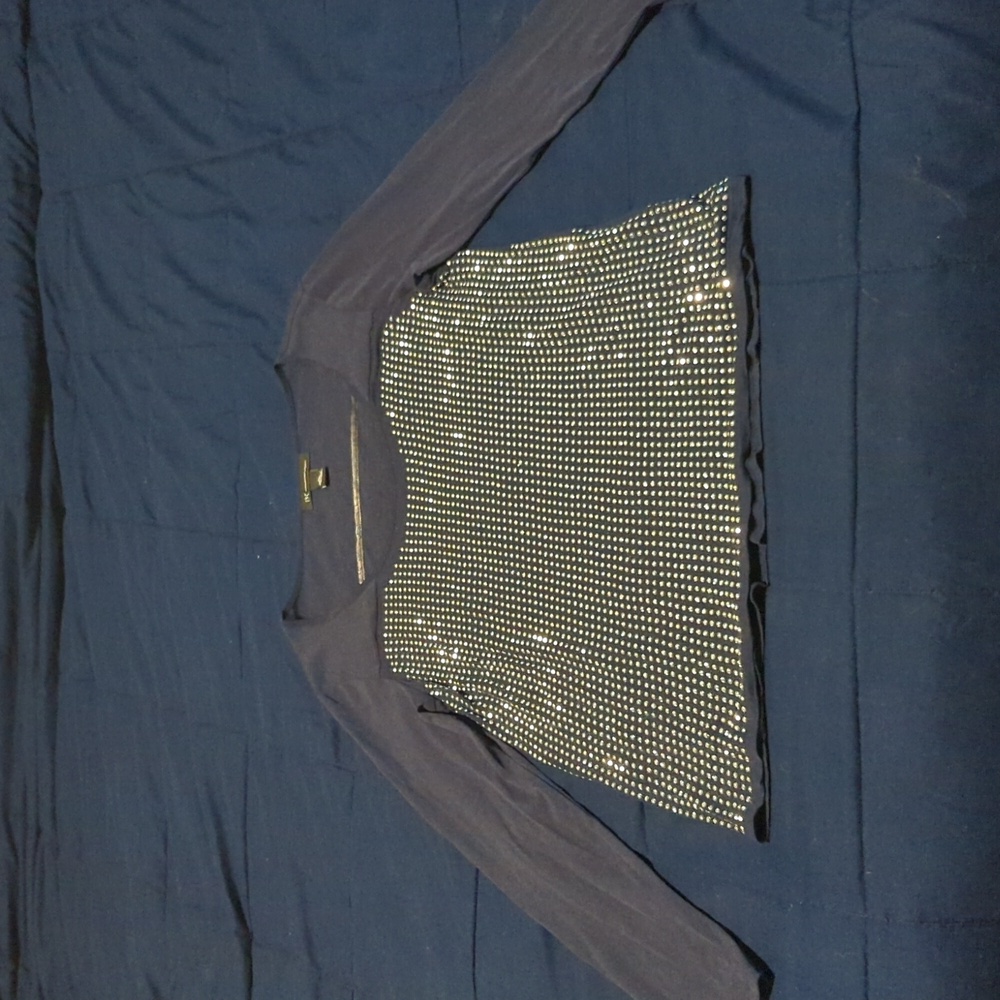 EUC women's I.N.C Blue and Rhinestones bodycon long sleeve shirt, size XL